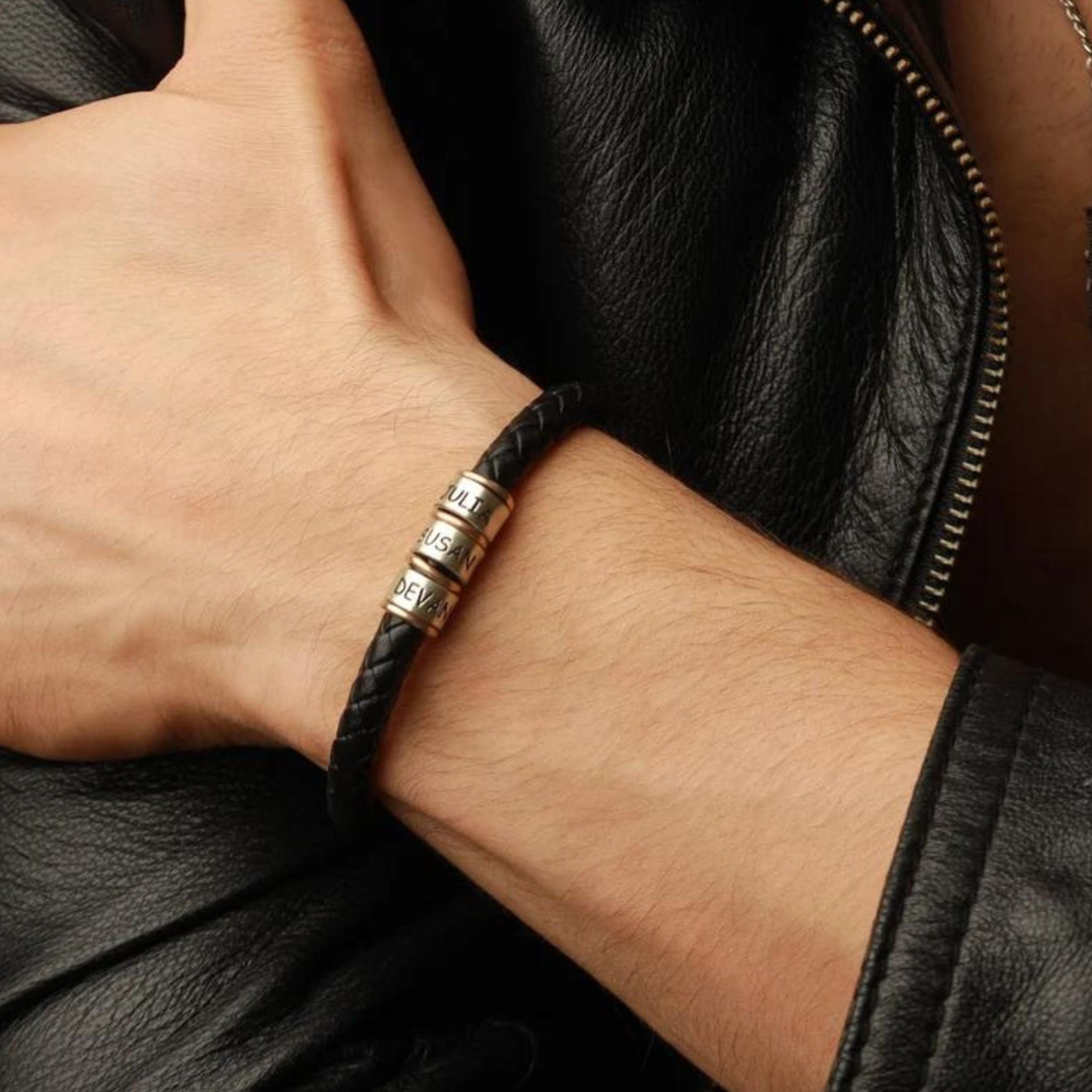 Men's Leather Bracelet with Custom Beads