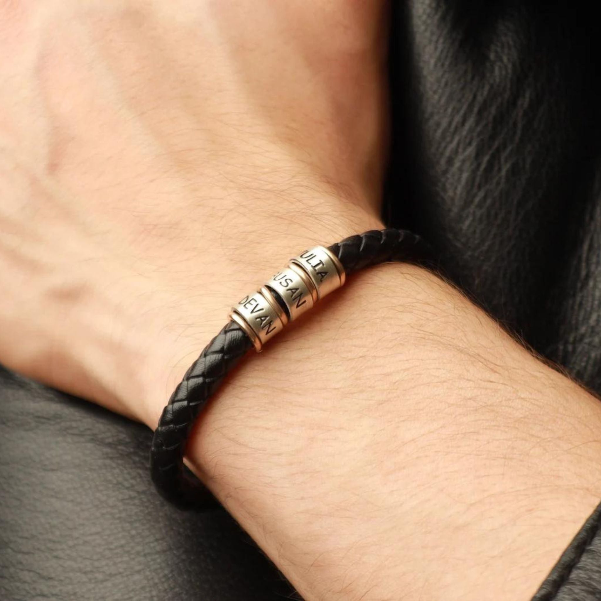 Men's Leather Bracelet with Custom Beads