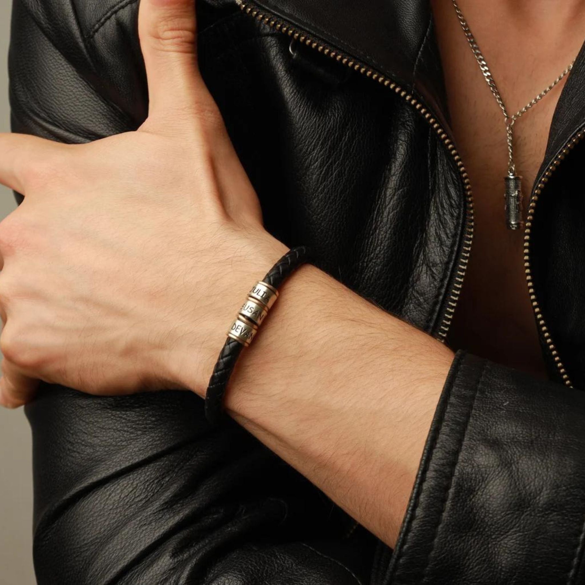 Men's Leather Bracelet with Custom Beads
