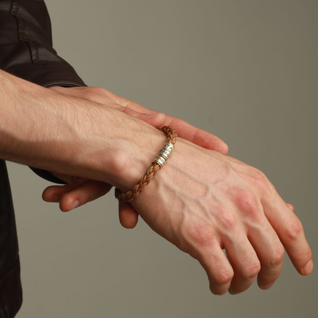 Brown Braided Leather Bracelet for Men with Custom Beads