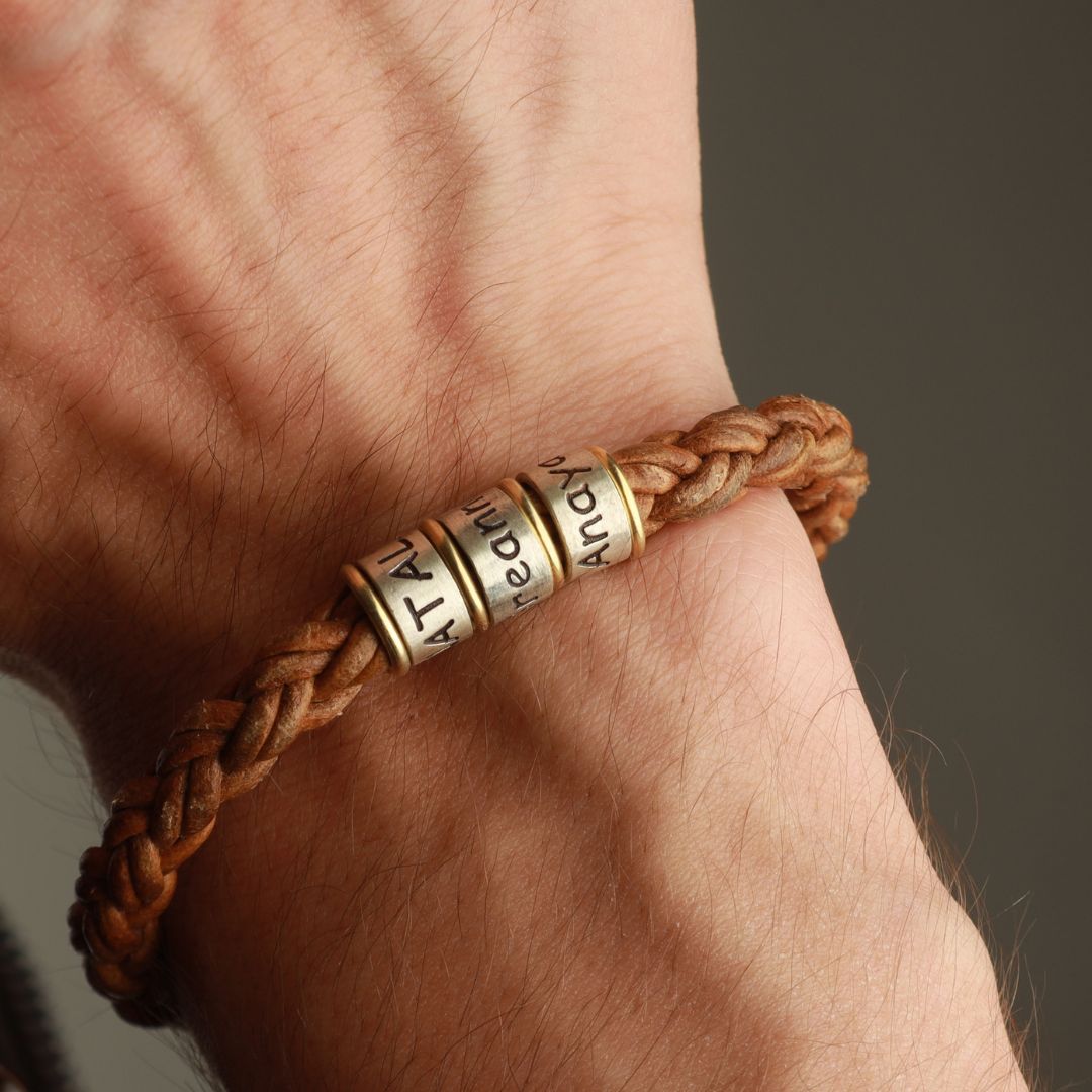 Brown Braided Leather Bracelet for Men with Custom Beads