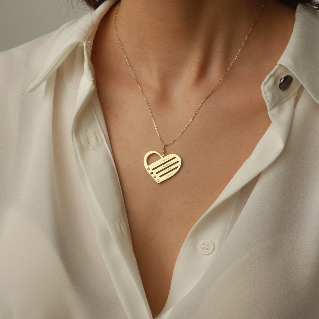 Birthstone Heart Necklace with Engraved Names
