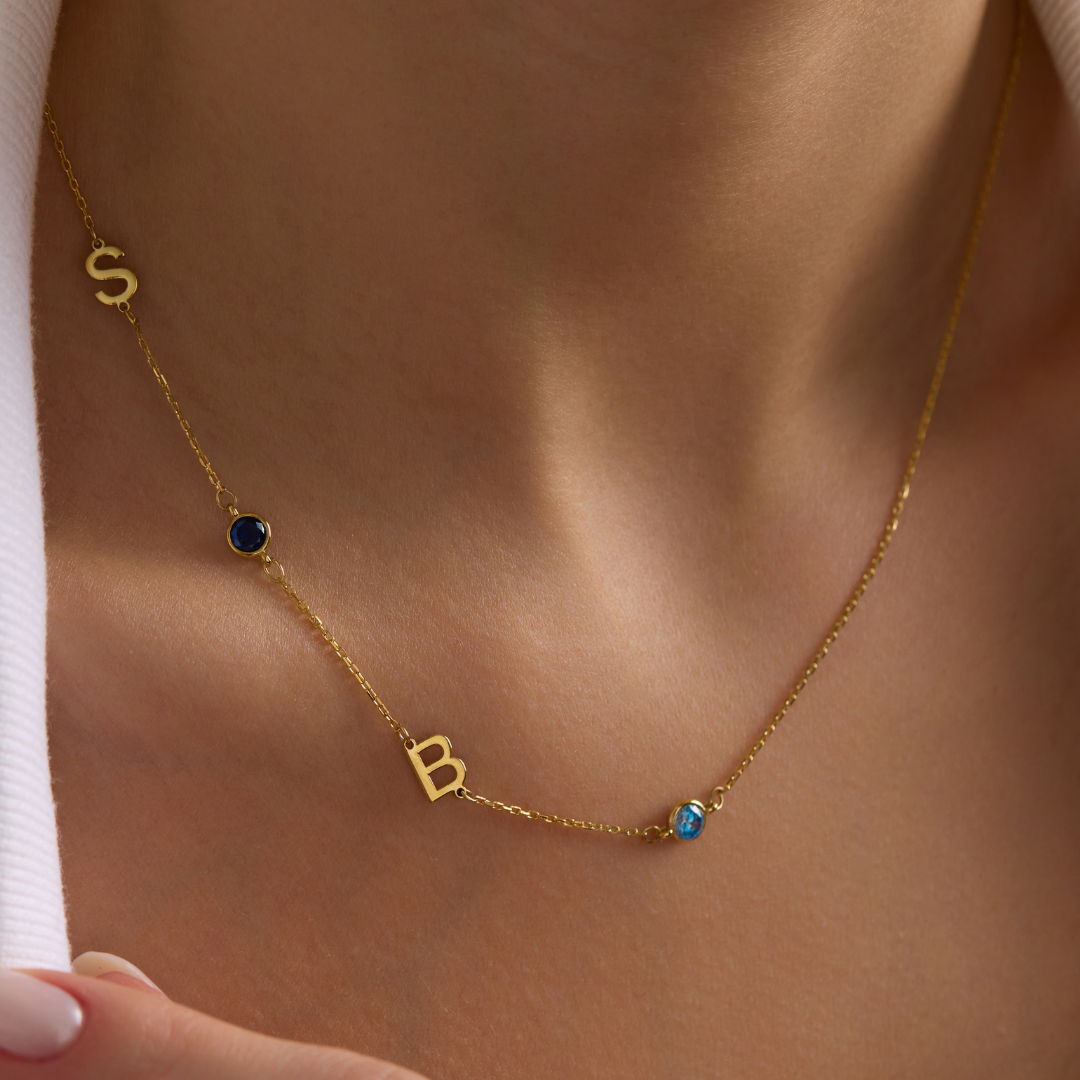 Custom Sideways Initial Birthstone Necklace