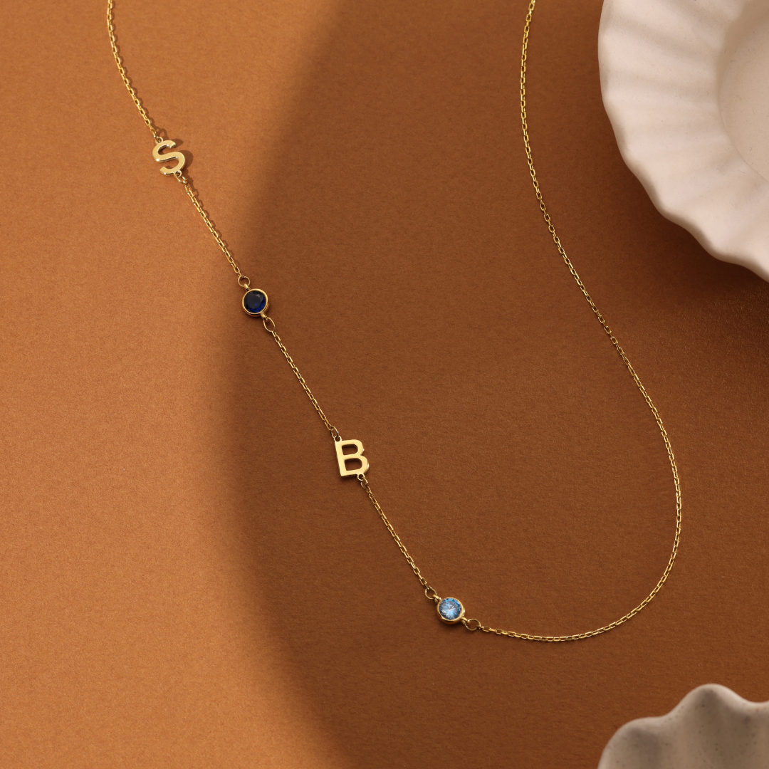 Custom Sideways Initial Birthstone Necklace