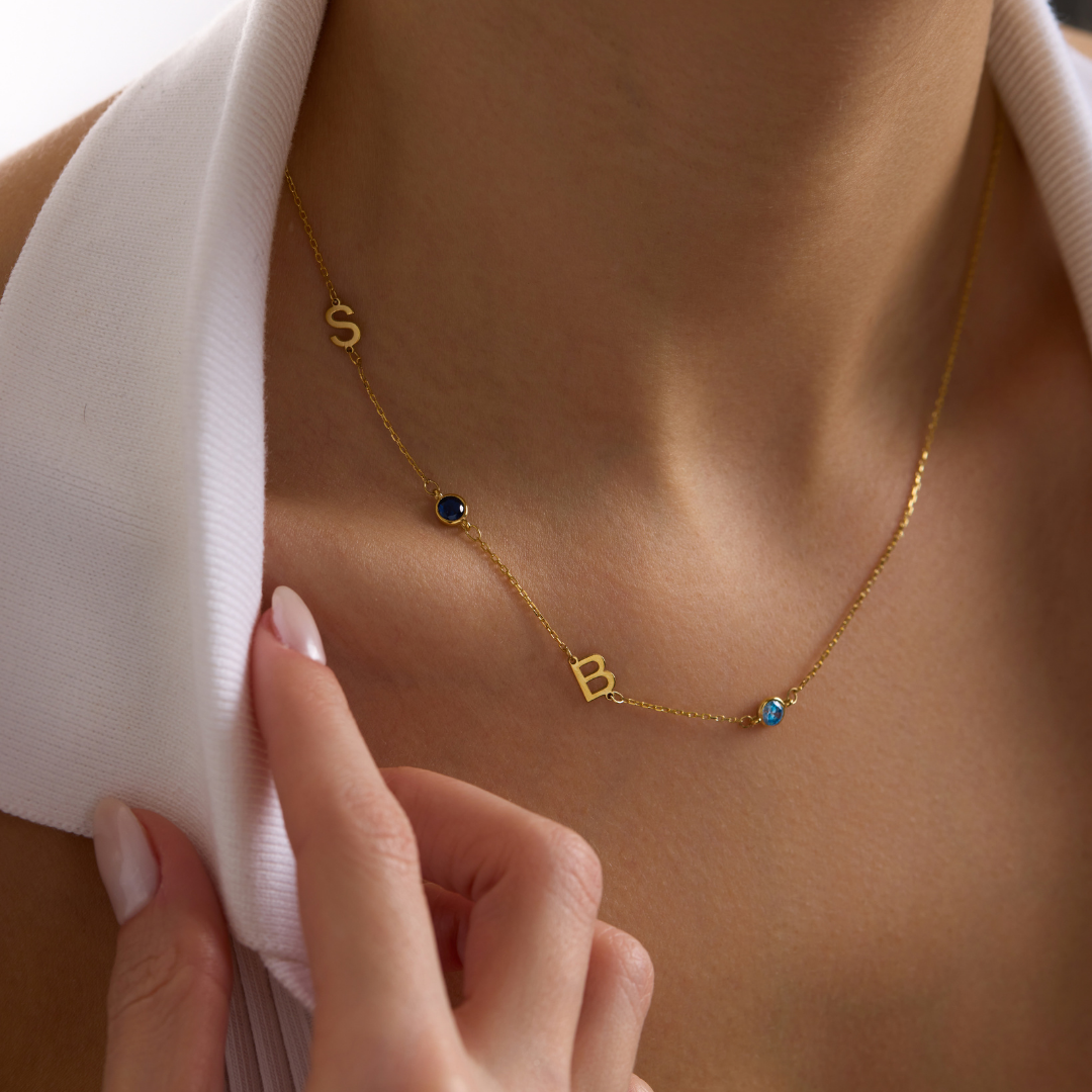 Custom Sideways Initial Birthstone Necklace