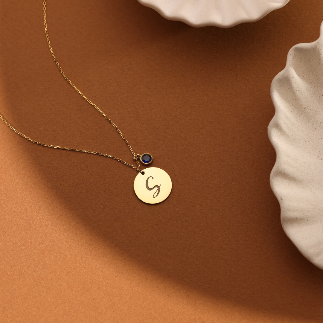 Personalized Disc Initial Necklace with Birthstone
