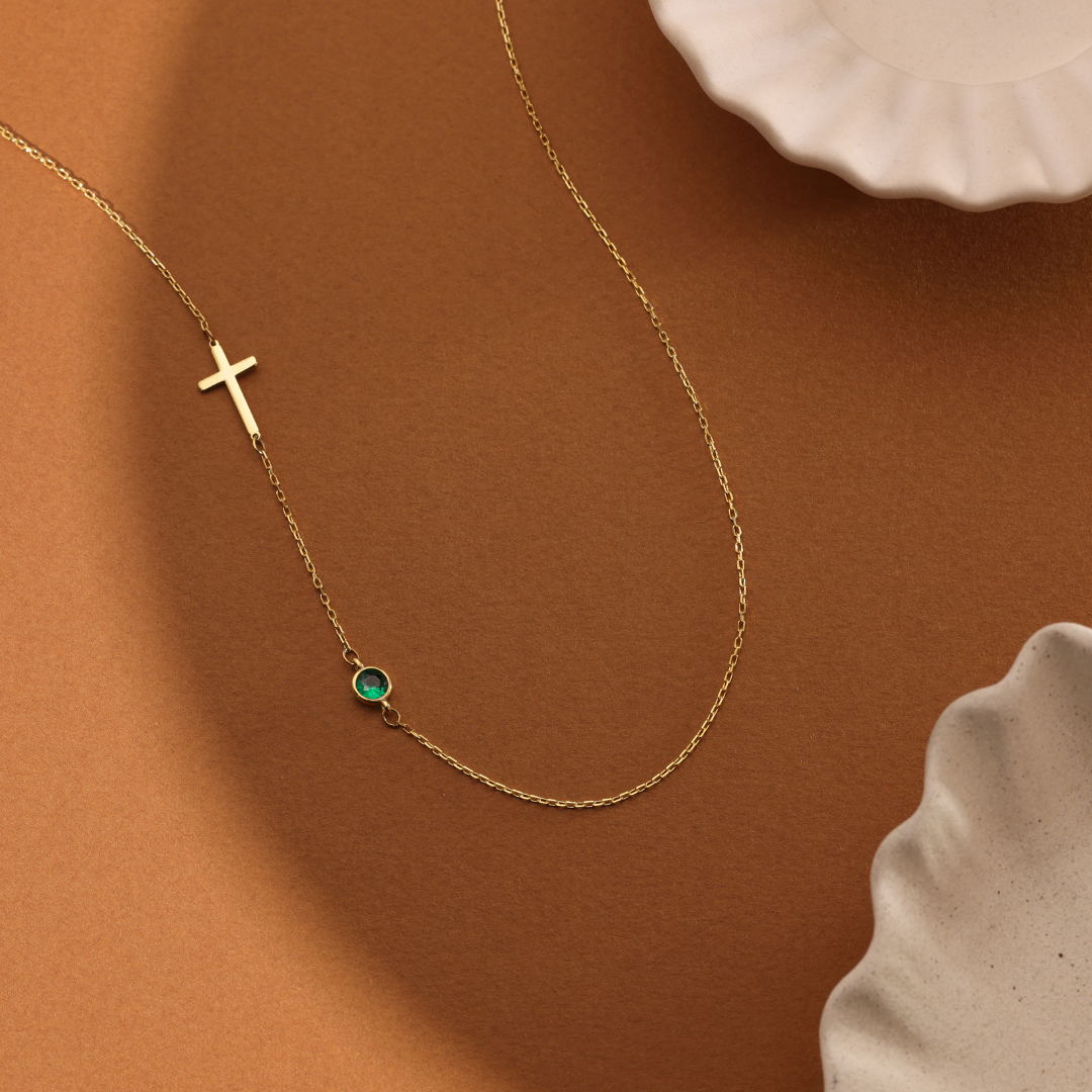 Sideways Cross Birthstone Necklace