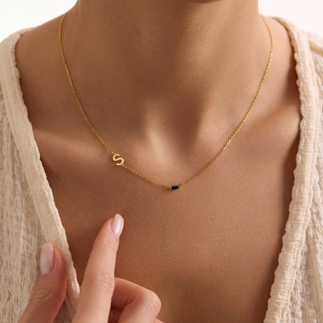 Sideways Initial Birthstone Necklace
