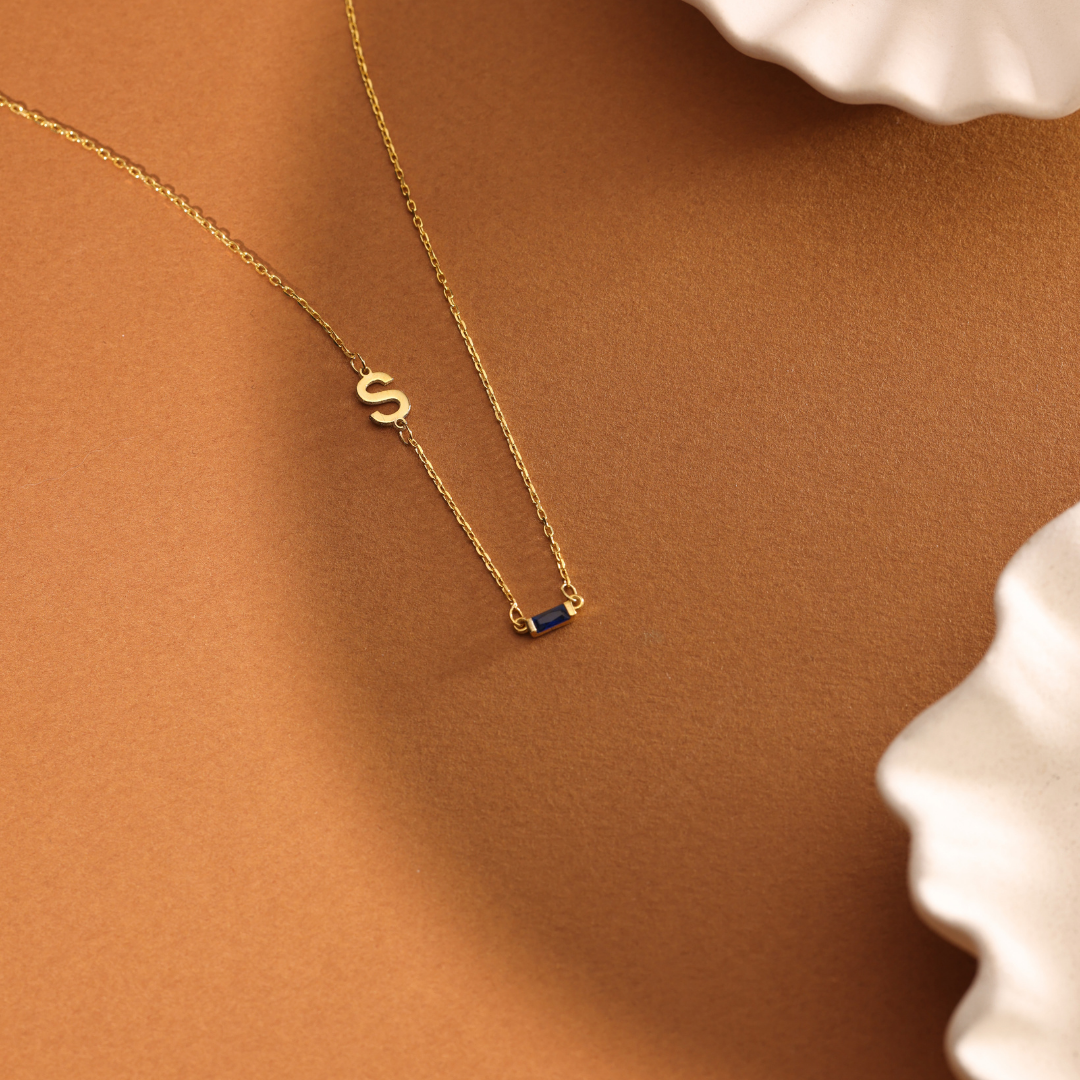 Sideways Initial Birthstone Necklace