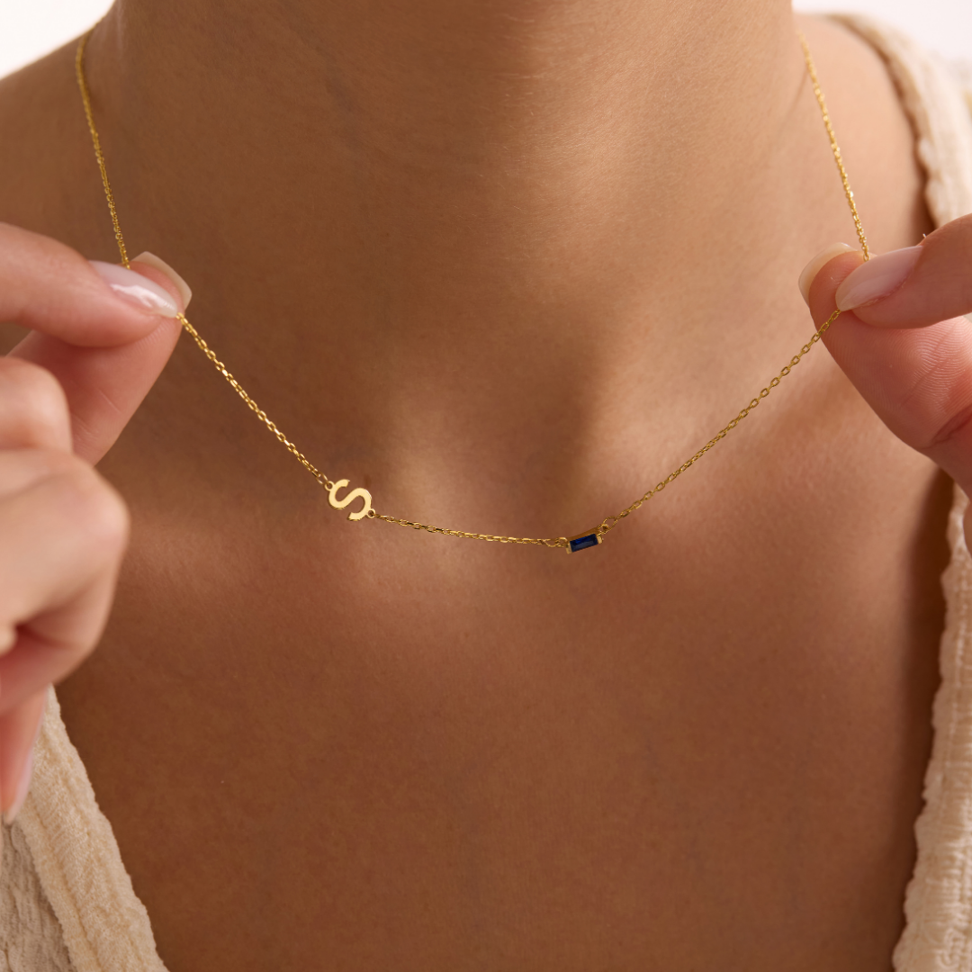Sideways Initial Birthstone Necklace