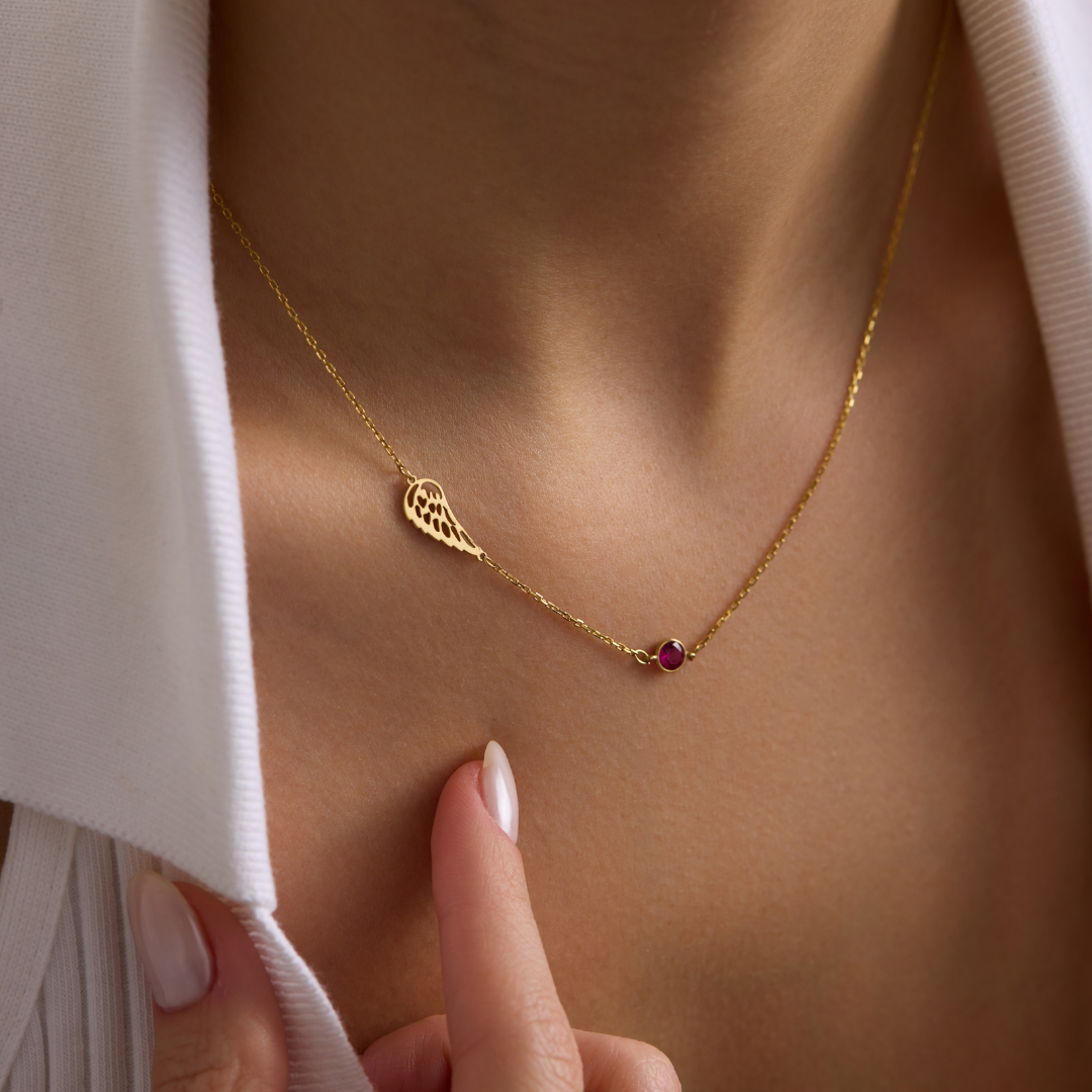Angel Wing Memorial Necklace with a birthstone accent by Zumra Jewels