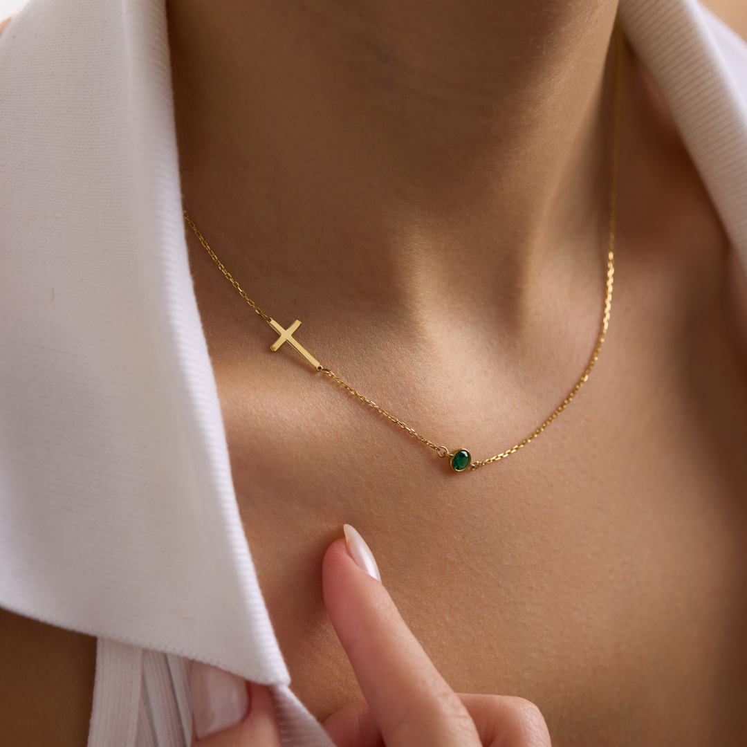 Sideways Cross Birthstone Necklace by Zumra Jewels