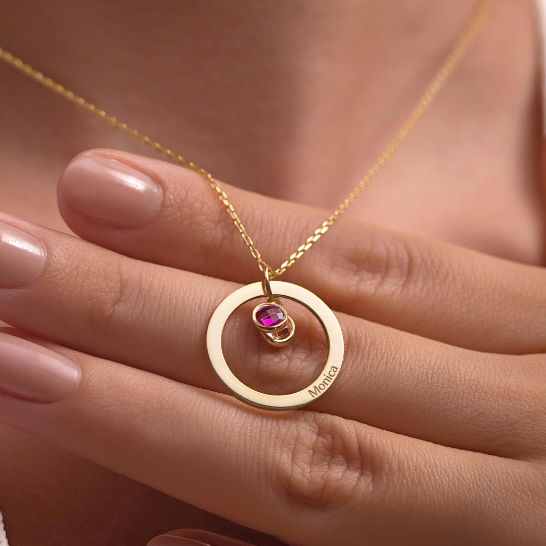 Personalised Birthstone Necklace with Engraved Eternal Ring