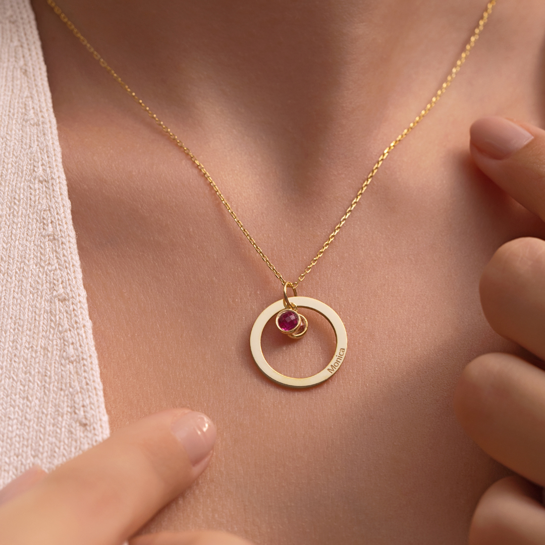 Personalised Birthstone Necklace with Engraved Eternal Ring