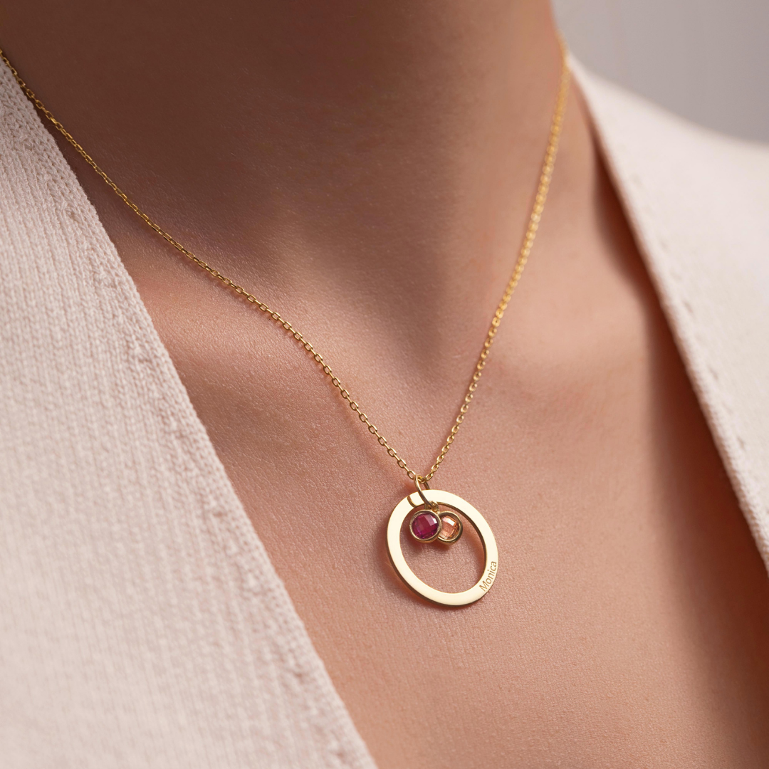 Personalised Birthstone Necklace with Engraved Eternal Ring
