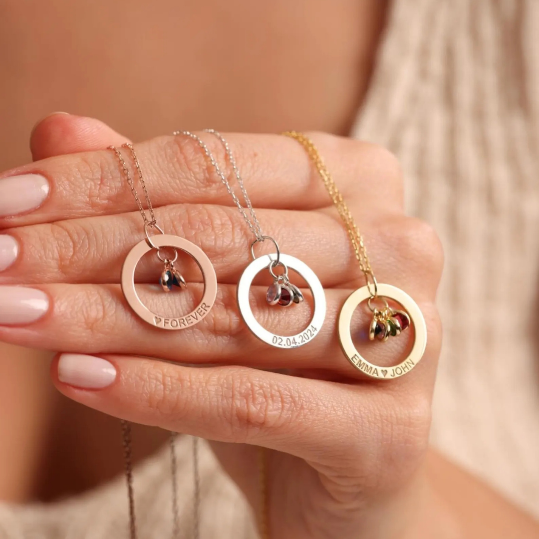 Personalised Birthstone Necklace with Engraved Eternal Ring