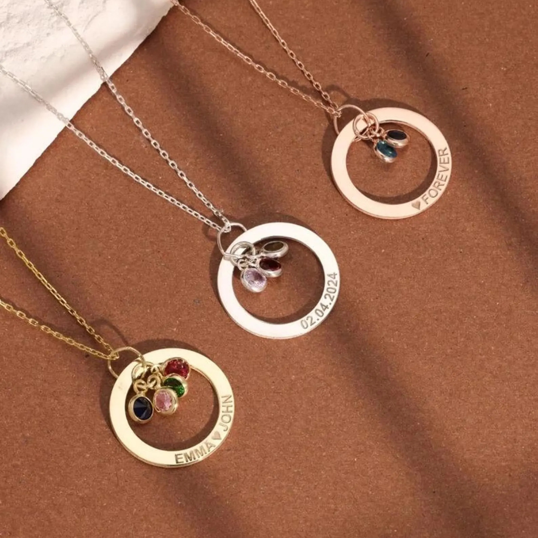 Personalised Birthstone Necklace with Engraved Eternal Ring