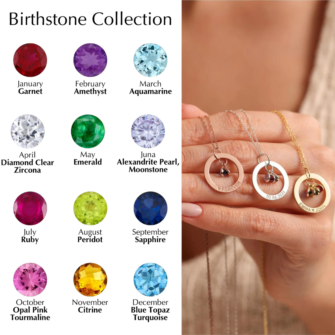 Personalised Birthstone Necklace with Engraved Eternal Ring