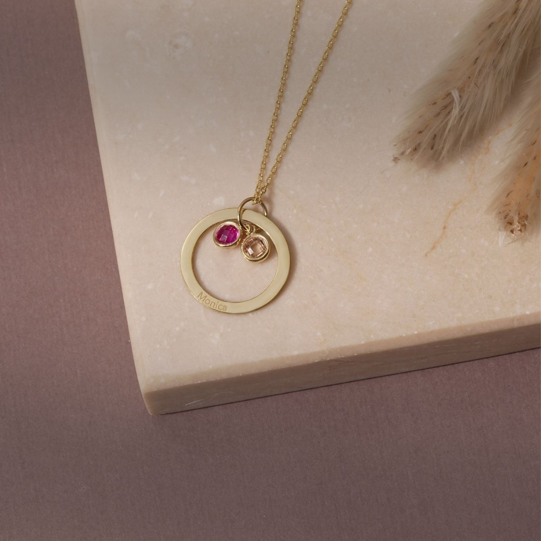 Personalised Birthstone Necklace with Engraved Eternal Ring