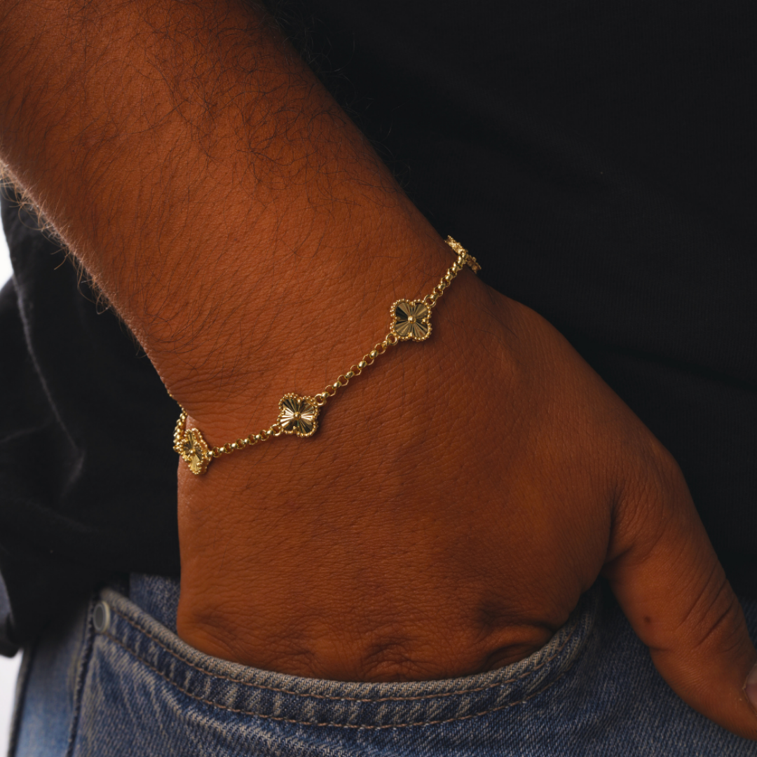 Gold Filled Clover Pendant Bracelet on Mens Wrist