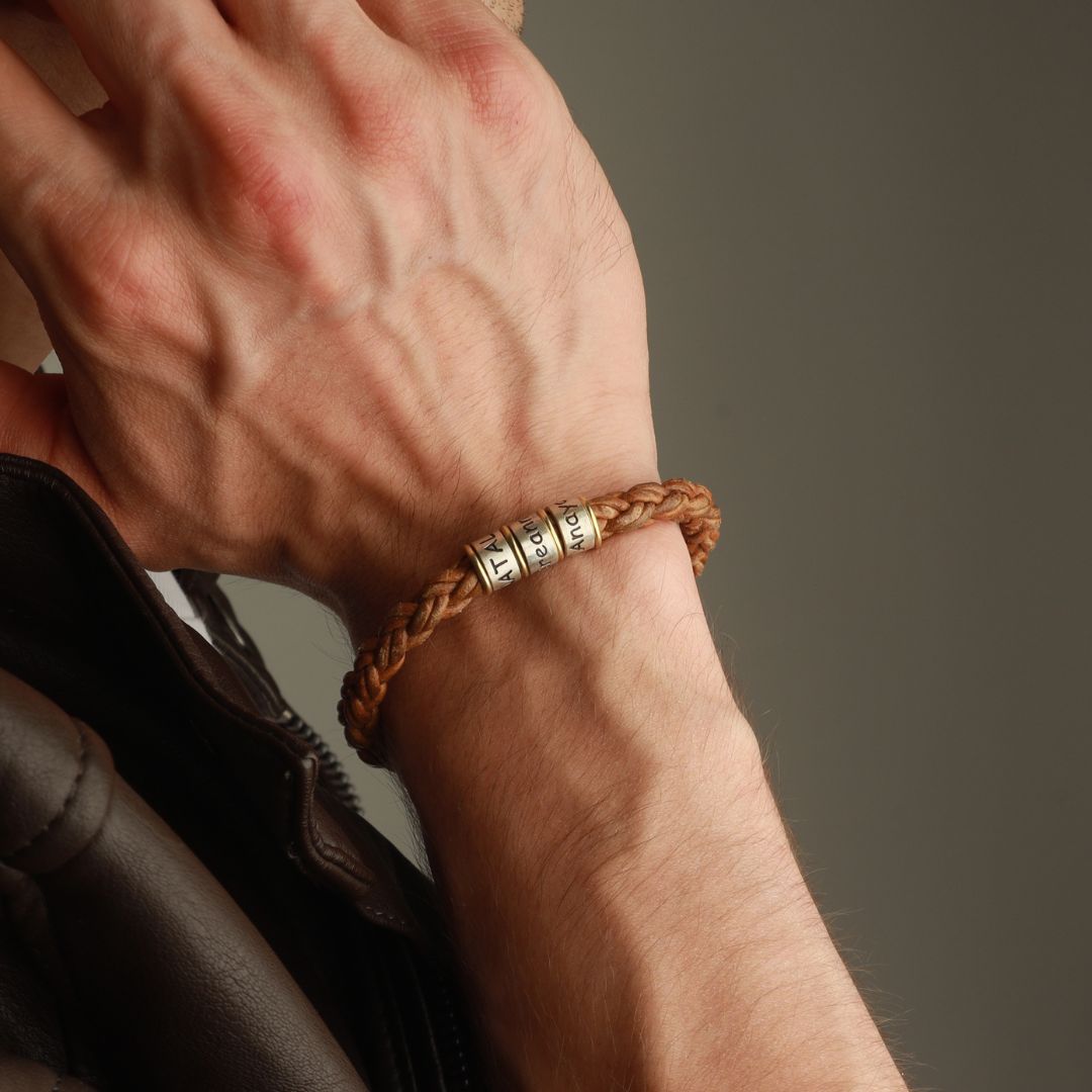 Brown Braided Leather Bracelet for Men with Custom Beads