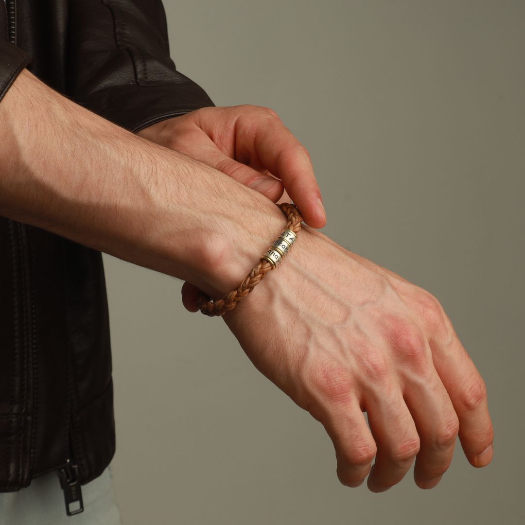 Brown Braided Leather Bracelet for Men with Custom Beads