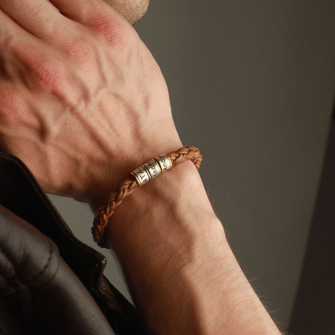 Brown Braided Leather Bracelet for Men with Custom Beads