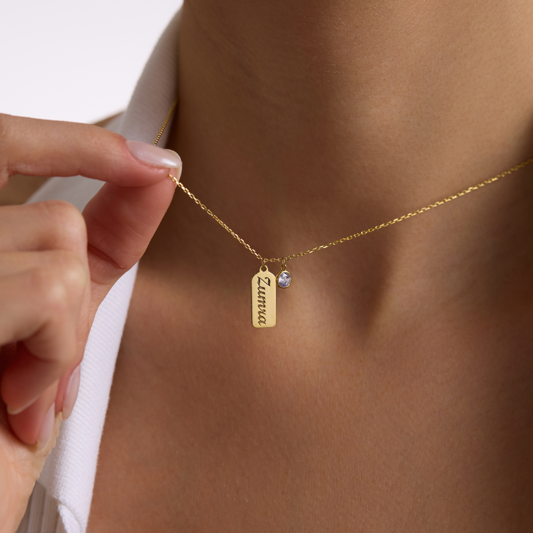 Custom Engraved Tag Necklace with Birthstone