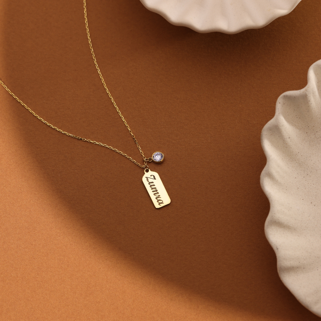 Custom Engraved Tag Necklace with Birthstone