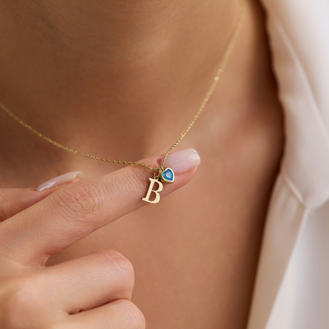 Custom Initial Necklace with Birhstone Charm