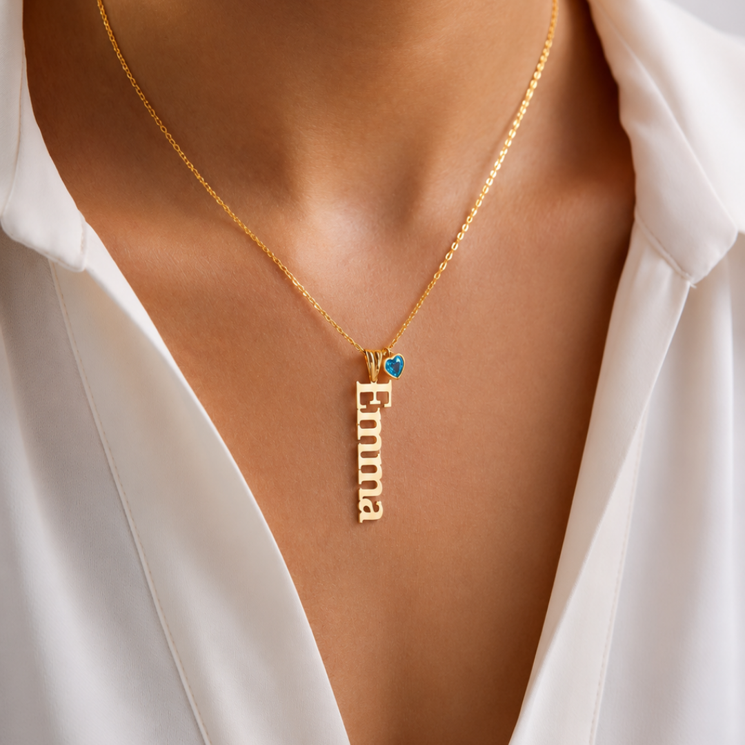 Custom Vertical Name Pendant Necklace with Birthstone