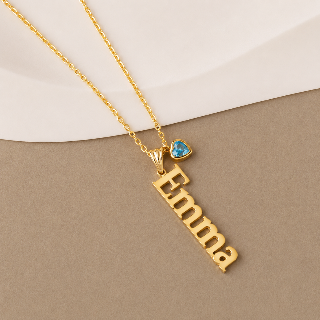 Custom Vertical Name Pendant Necklace with Birthstone