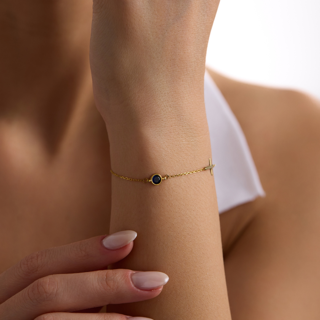 Dainty Cross Bracelet with Birthstone