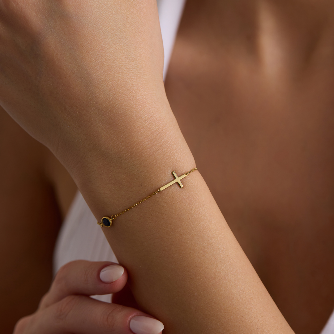 Dainty Cross Bracelet with Birthstone