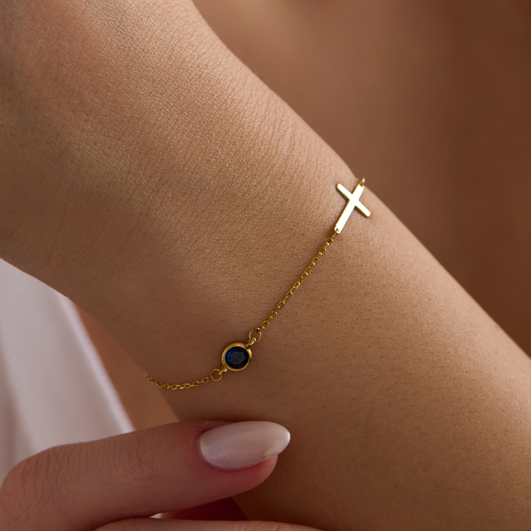 Dainty Cross Bracelet with Birthstone