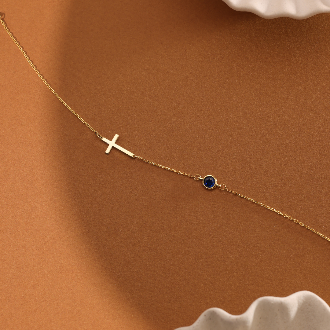 Dainty Cross Bracelet with Birthstone