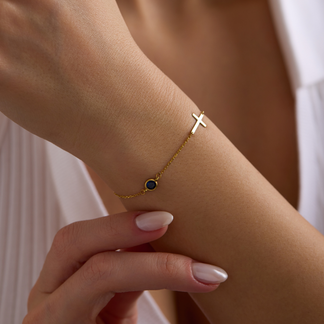 Dainty Cross Bracelet with Birthstone