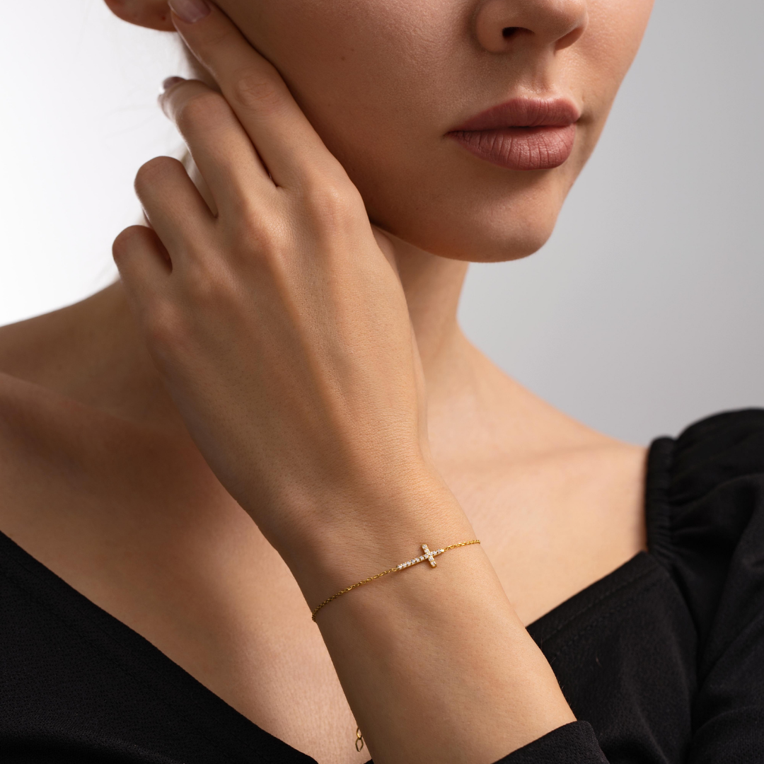 Dainty Cross Bracelet with Stones