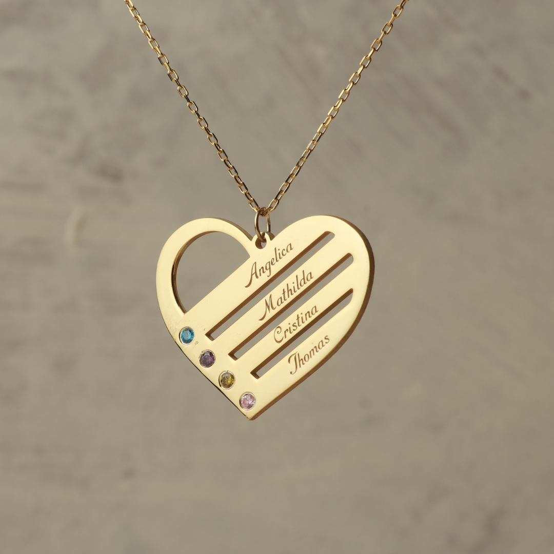 Birthstone Heart Necklace with Engraved Names