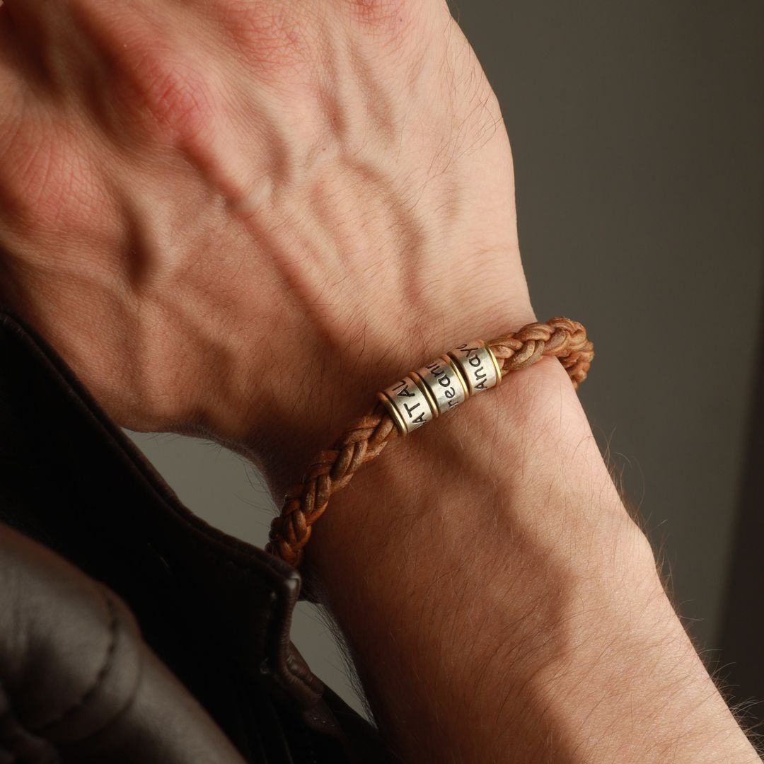 Brown Braided Leather Bracelet for Men with Custom Beads