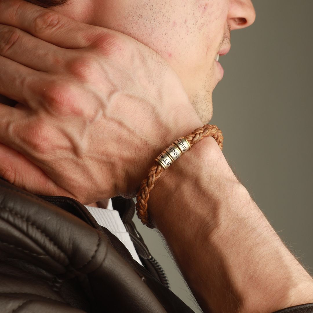 Brown Braided Leather Bracelet for Men with Custom Beads