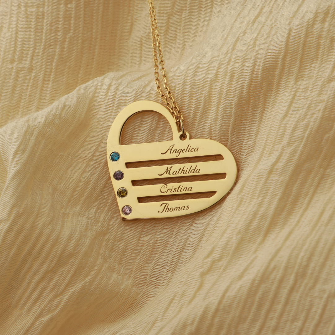 Birthstone Heart Necklace with Engraved Names