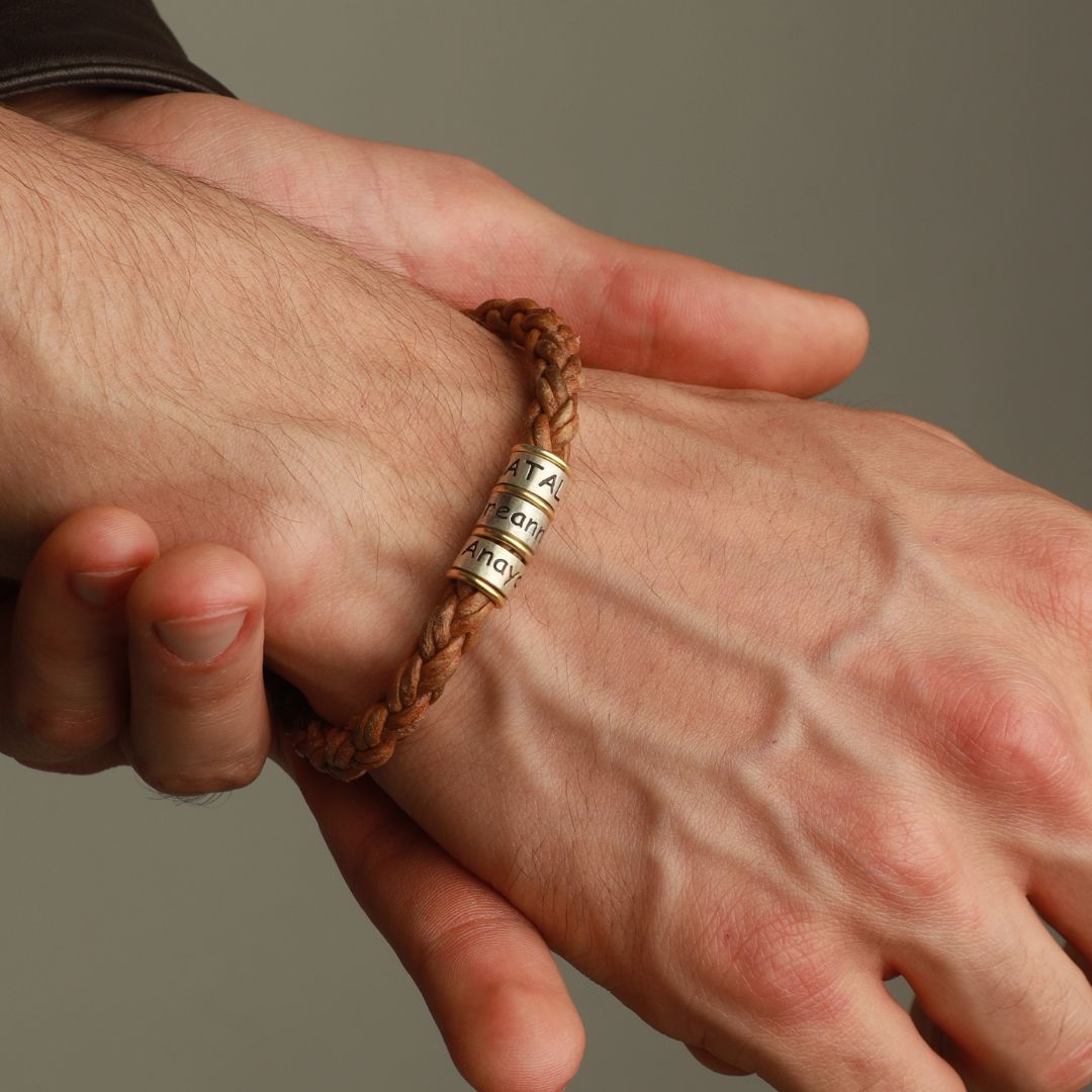 Brown Braided Leather Bracelet for Men with Custom Beads