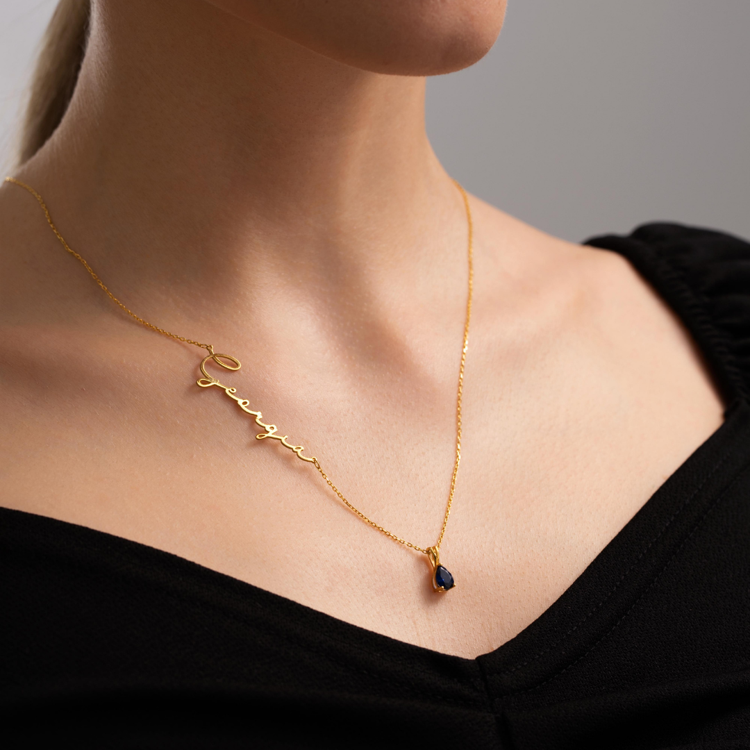 Personalized Sideways Name Necklace with Birthstone