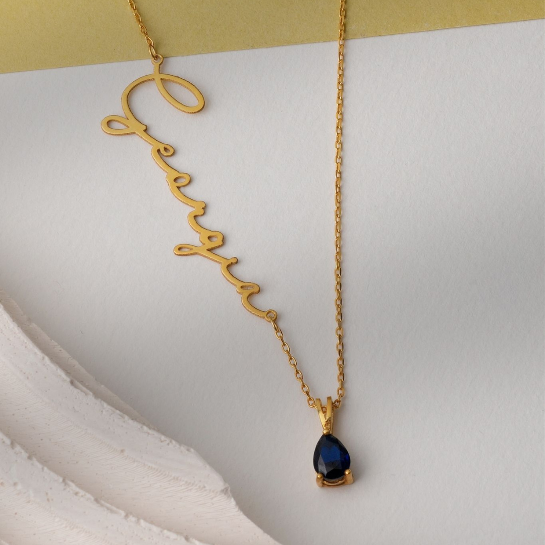 Personalized Sideways Name Necklace with Birthstone