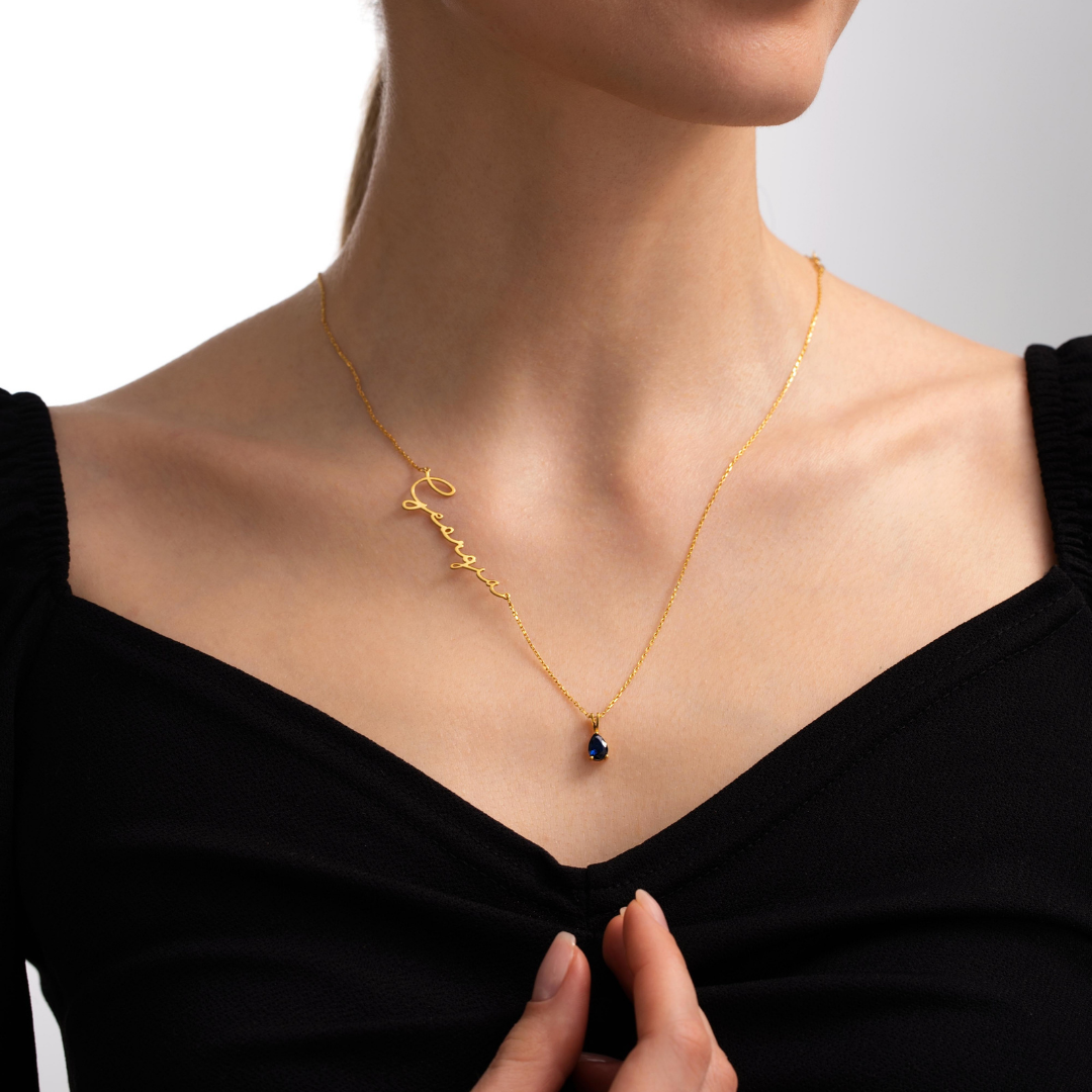 Personalized Sideways Name Necklace with Birthstone