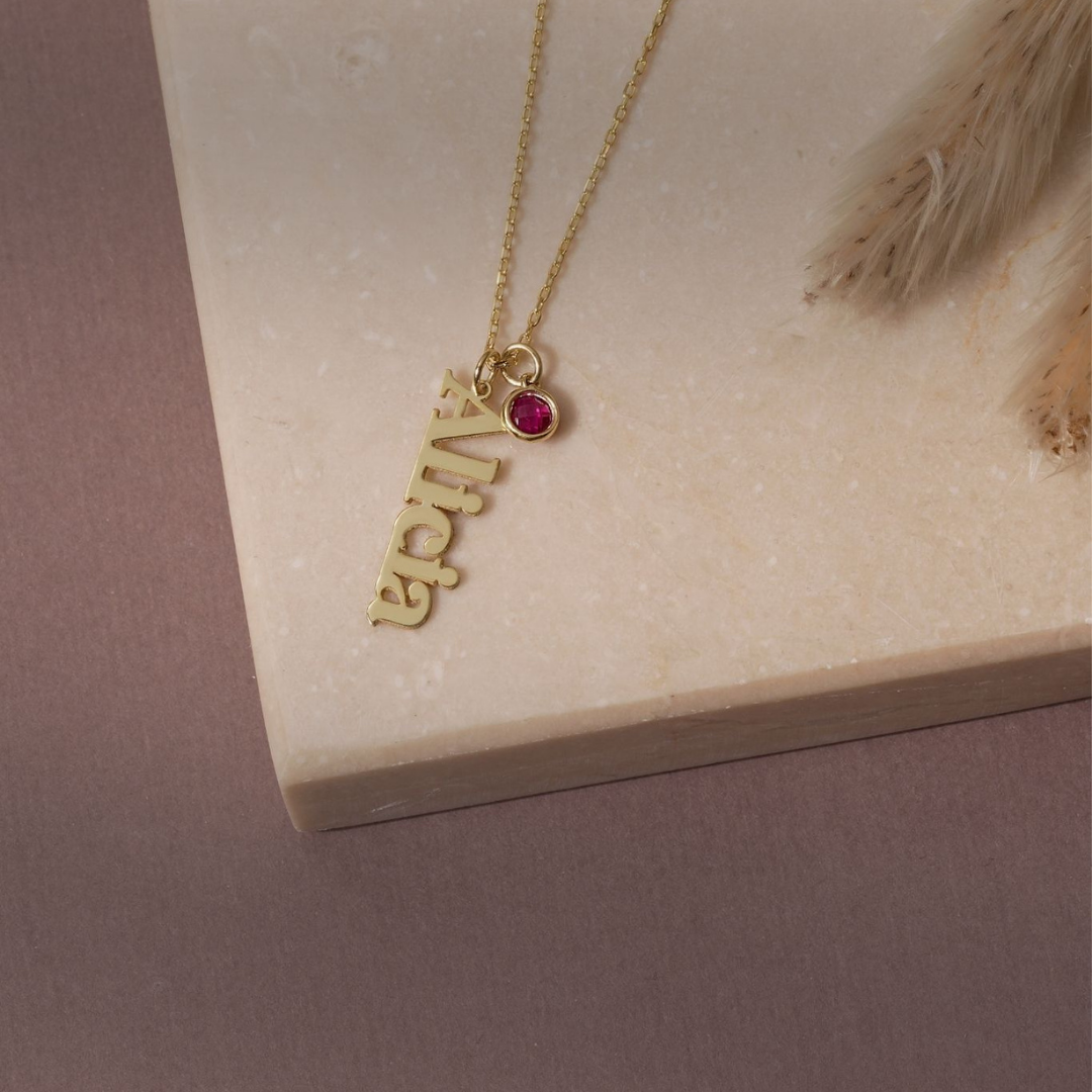 Personalized Vertical Name Necklace with Birthstone