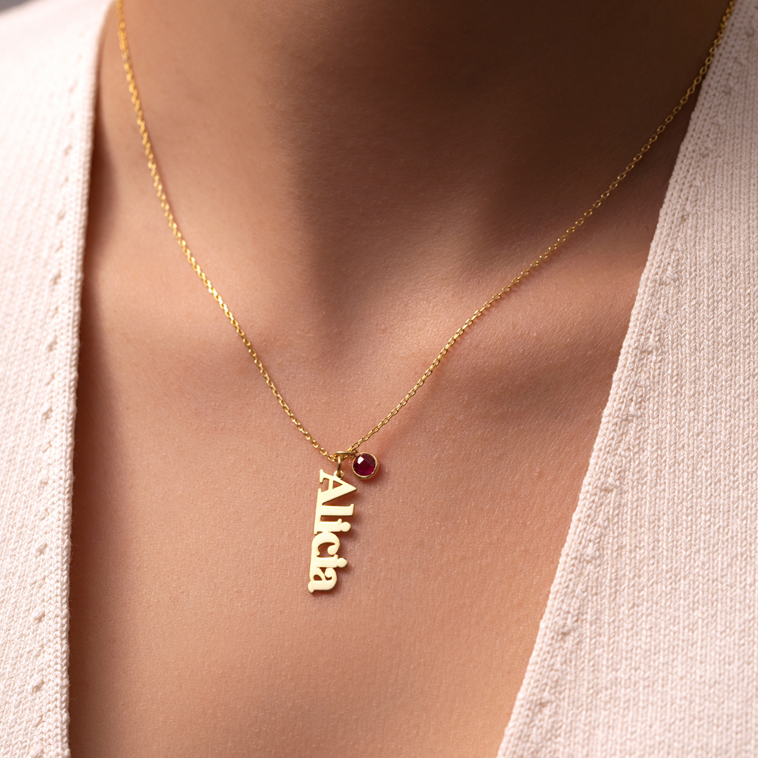 Personalized Vertical Name Necklace with Birthstone