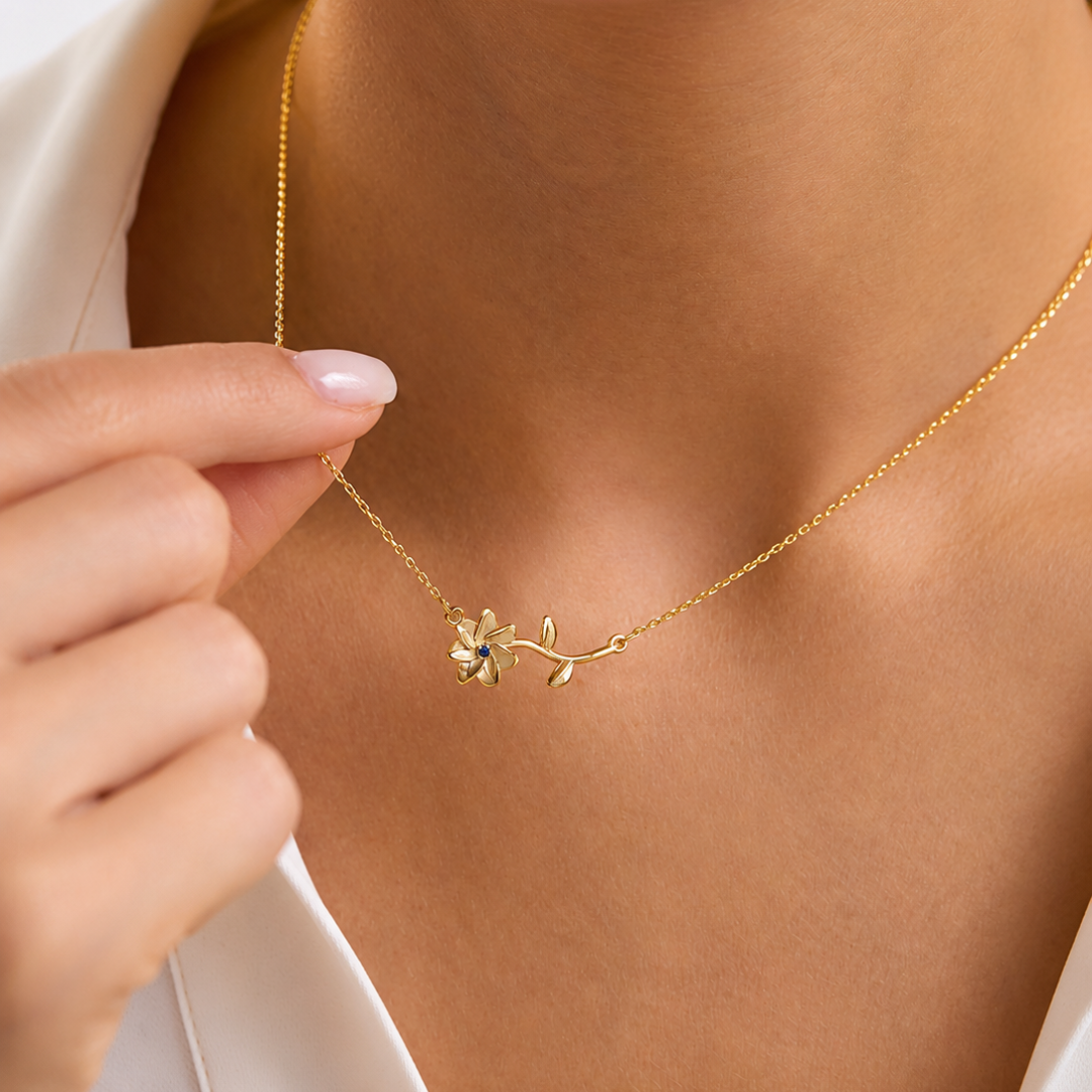 Personalized Birth Flower Necklace with Birthstone