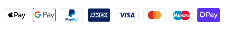 Logos of various payment methods including Apple Pay, Google Pay, PayPal, American Express, Visa, Mastercard, Maestro, and DPay.